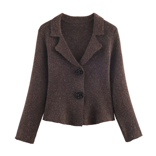 Damen Kurze taillierte Wolloptik-Jacke mit Reverskragen und Zierblütenknöpfen Nord Taschen