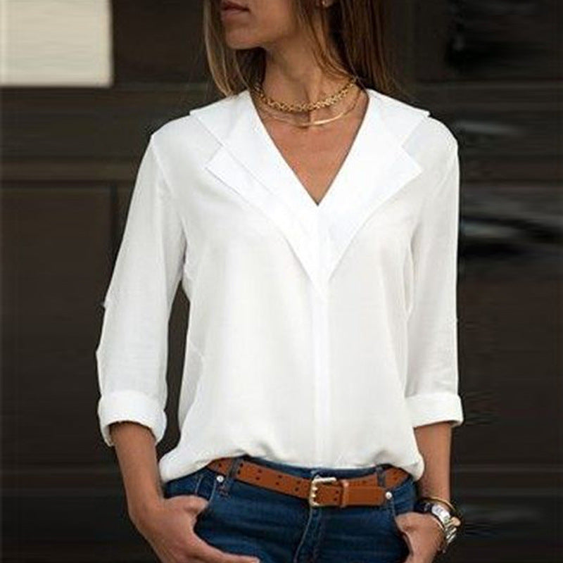 Damen elegante Bluse mit V-Ausschnitt und umschlagbaren Ärmeln