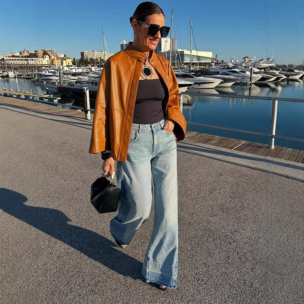 Damen Cape-Ärmige Lederjacke mit Stehkragen Nord Taschen