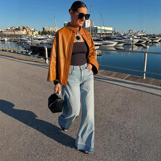 Damen Cape-Ärmige Lederjacke mit Stehkragen Nord Taschen