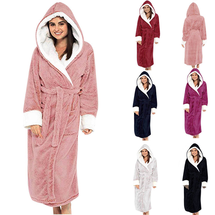 Damen Kuscheliger Fleece-Morgenmantel mit Kapuze und Gürtel Nord Taschen