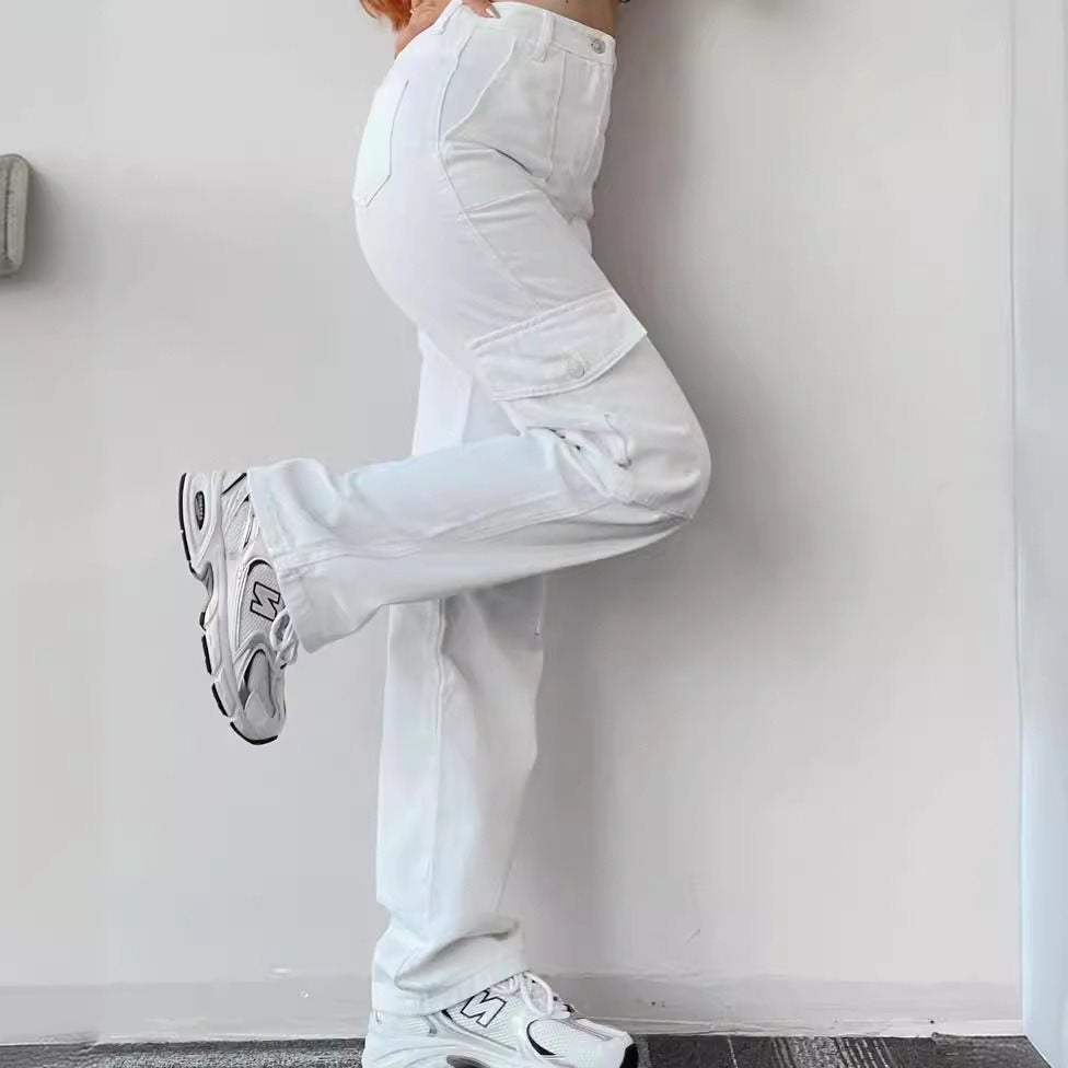 Damen High-Waist-Cargohose aus Twill mit aufgesetzten Klappentaschen und weitem Bein Nord Taschen