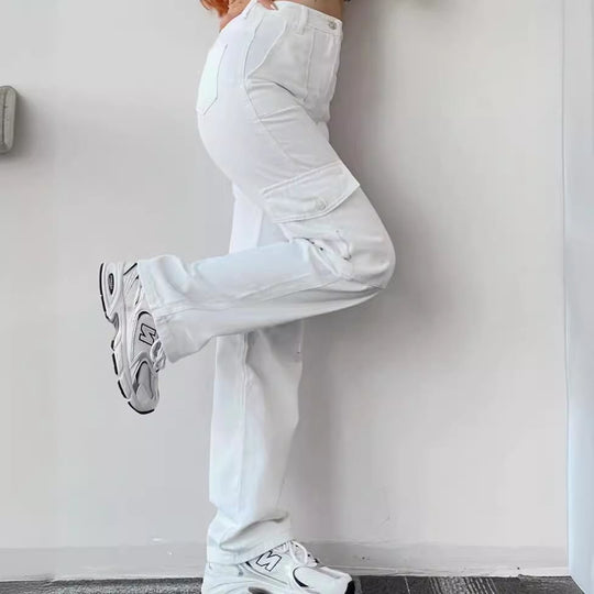 Damen High-Waist-Cargohose aus Twill mit aufgesetzten Klappentaschen und weitem Bein Nord Taschen