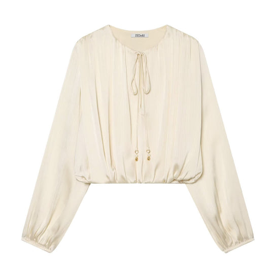 Damen Cropped Plissee-Bluse mit Kordelverschluss und Ballonärmeln Nord Taschen