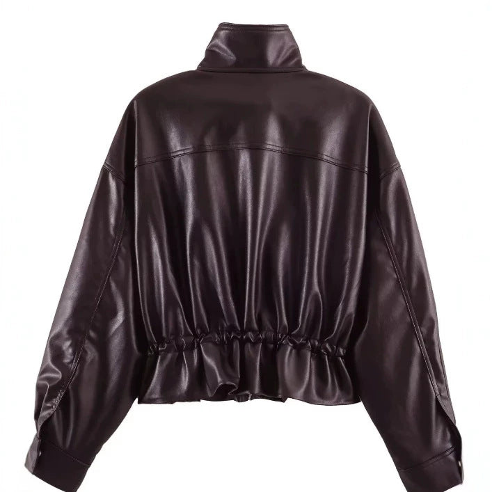 Damen Cropped Kunstleder‑Blouson mit Stehkragen, Pattentaschen und Tunnelzugtaillierung Nord Taschen