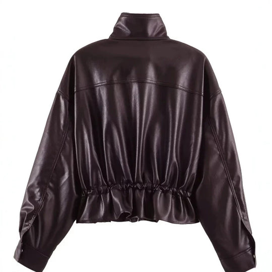 Damen Cropped Kunstleder‑Blouson mit Stehkragen, Pattentaschen und Tunnelzugtaillierung Nord Taschen