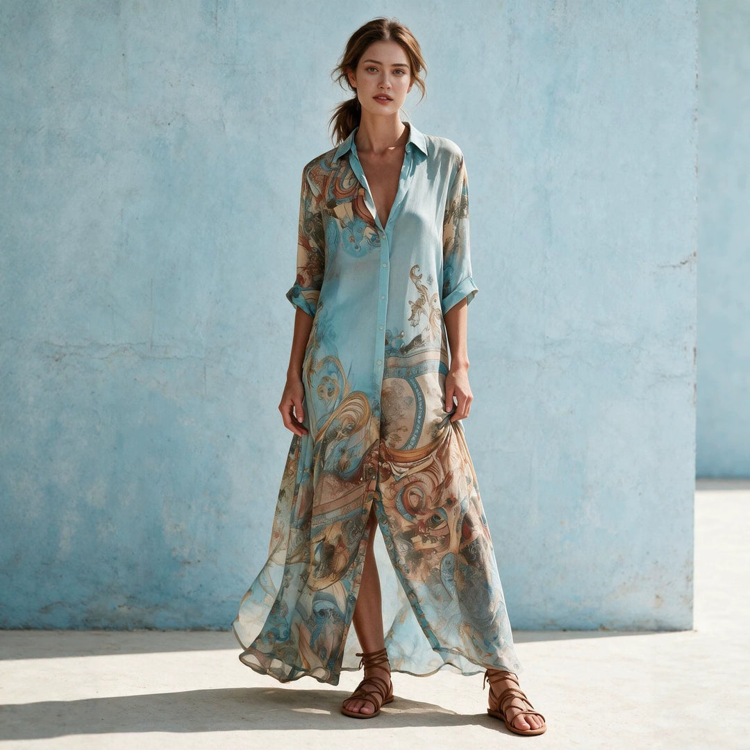 Damen Hemdblusenkleid Maxikleid in fließender Seidenoptik mit kunstvollem Allover-Print und 3/4-Ärmeln Nord Taschen