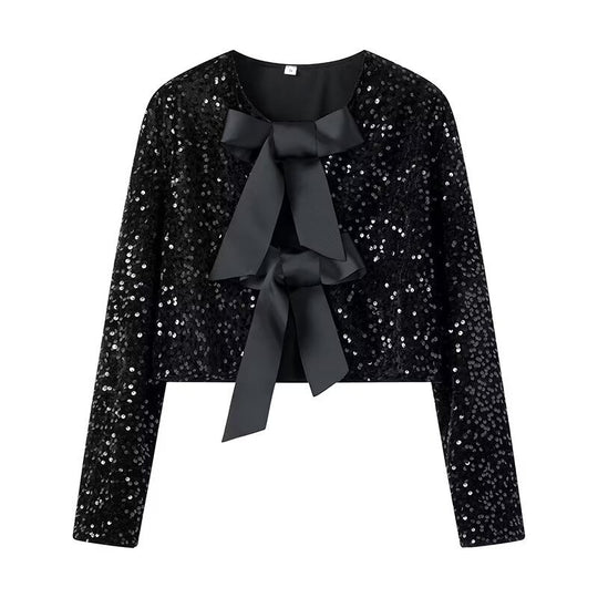 Damen Kurze Paillettenjacke mit Zierschleifen, Rundhalsausschnitt und langen Ärmeln Nord Taschen