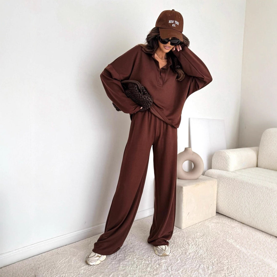 Damen Loungewear-Zweiteiler mit Hemdkragen-Cropped-Sweatshirt und weiter Palazzo-Hose Nord Taschen