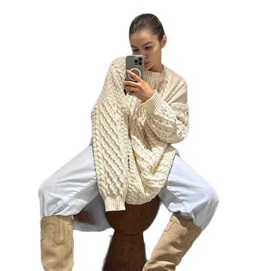 Damen Oversized Grobstrickpullover mit Zopfmuster und weiten Ballonärmeln Nord Taschen