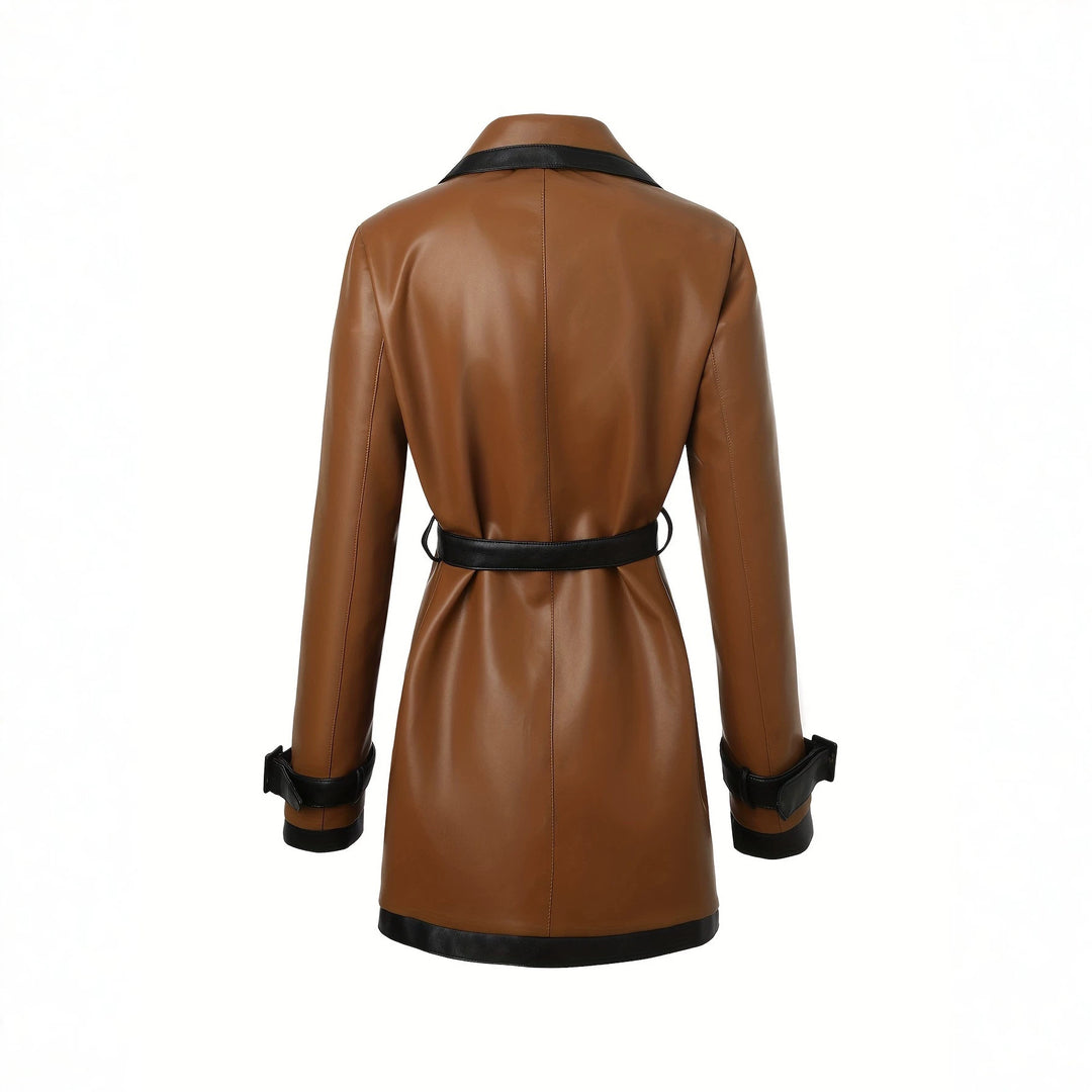 Damen taillierter Kunstleder-Trenchcoat mit kontrastbesatz und Bindegürtel Nord Taschen