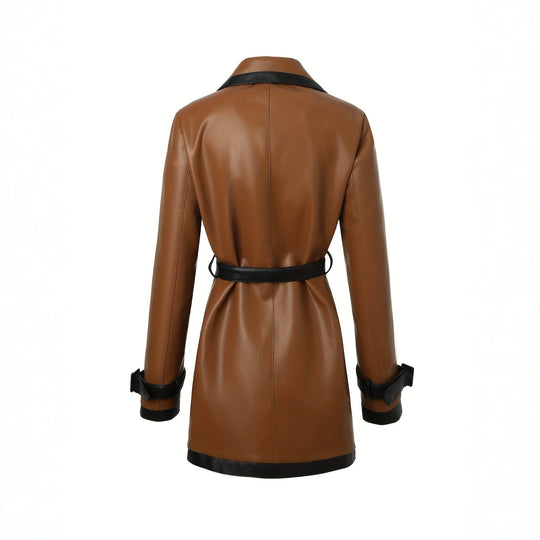 Damen taillierter Kunstleder-Trenchcoat mit kontrastbesatz und Bindegürtel Nord Taschen