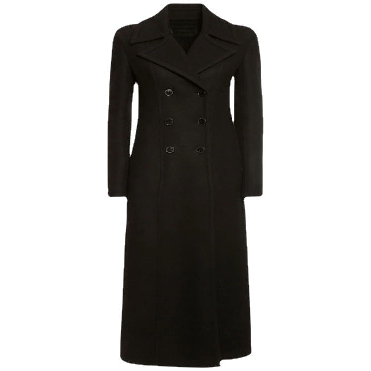 Damen Eleganter bodenlanger Wollmix‑Longcoat im Clean‑Cut Doppelreiher mit strukturierter Schulterpartie Nord Taschen