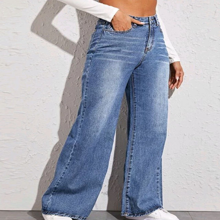 Damen hochgeschnittene weite Denim-Jeans mit extra weitem Bein und rohem Saum Nord Taschen