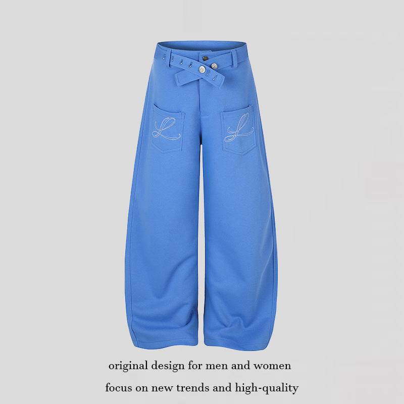 Damen Weite High‑Waist Palazzo-Jogginghose mit aufgesetzten Taschen, Zierstickerei und verstellbarem Gürtel Nord Taschen