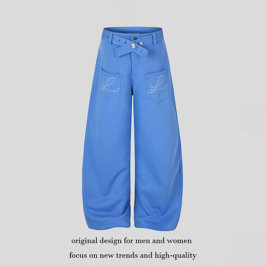 Damen Weite High‑Waist Palazzo-Jogginghose mit aufgesetzten Taschen, Zierstickerei und verstellbarem Gürtel Nord Taschen