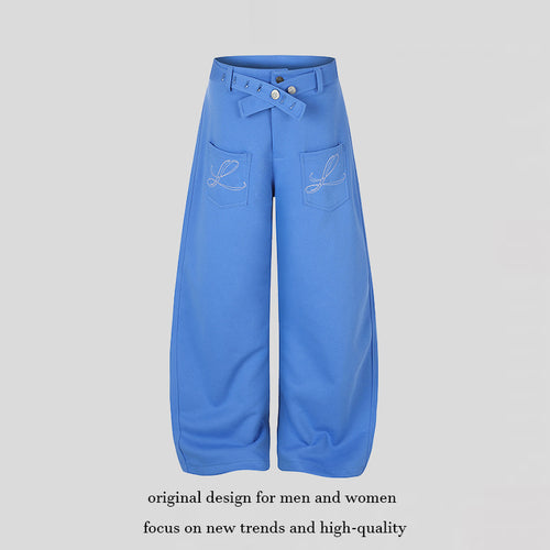 Damen Weite High‑Waist Palazzo-Jogginghose mit aufgesetzten Taschen, Zierstickerei und verstellbarem Gürtel Nord Taschen