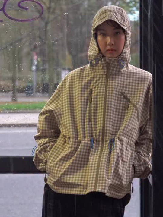 Damen Karo-Windbreaker mit Taillenzug, Kapuze und Reißverschluss Nord Taschen