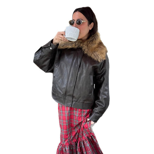Damen Boxy Lederimitat-Blouson mit abnehmbarem Webpelzkragen und verdeckter Knopfleiste Nord Taschen