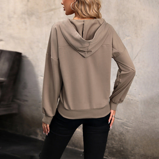 Damen Kapuzen-Henley-Pullover mit Druckknopfleiste, überschnittener Schulter und geripptem Saum Nord Taschen