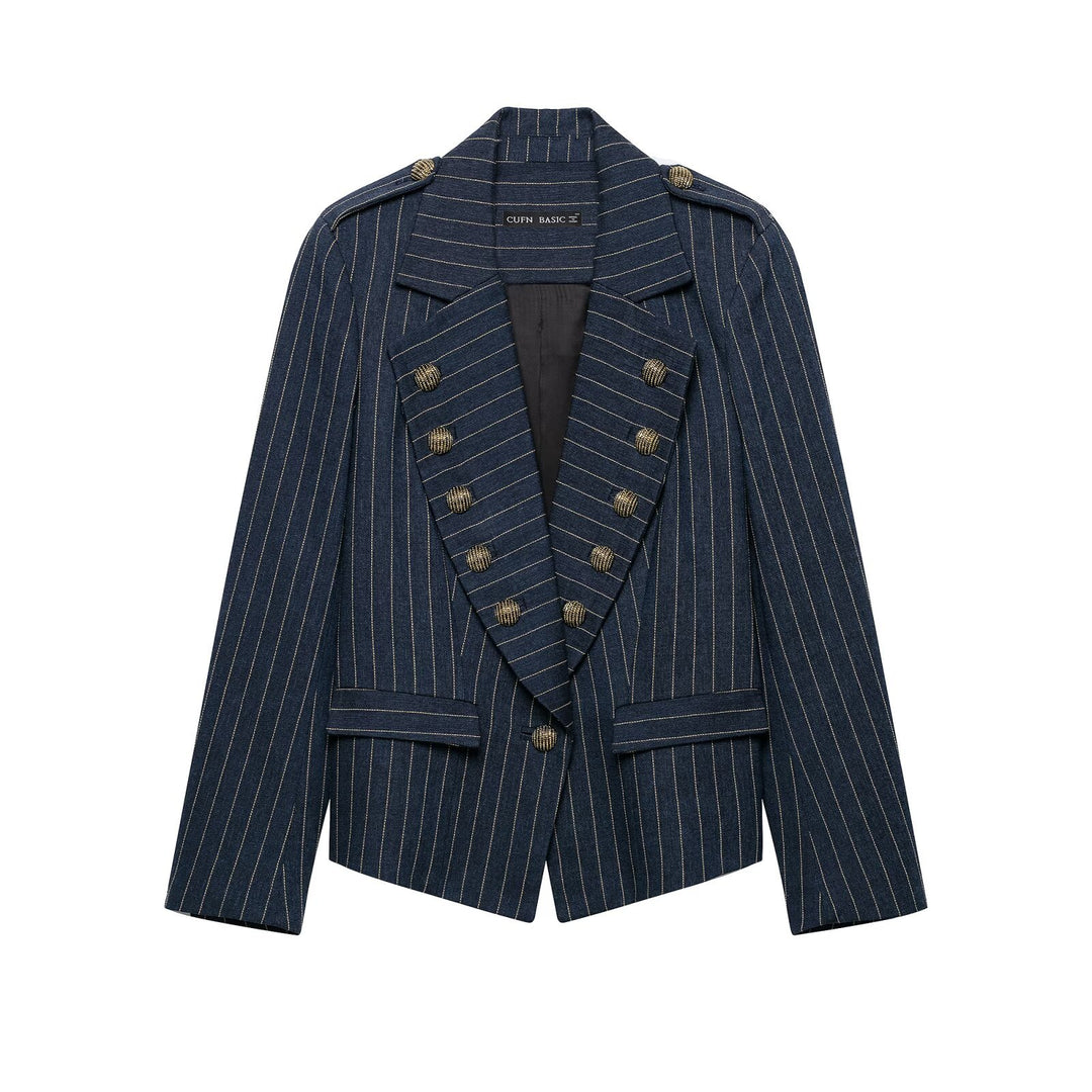 Damen Cropped-Blazer im Nadelstreifen mit doppelseitiger Zierknopfleiste und Schulterriegeln Nord Taschen