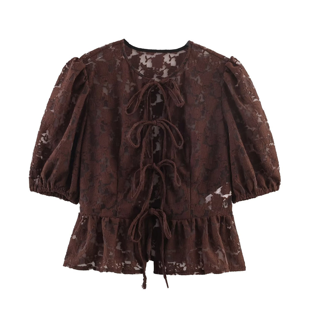Damen Transparente Spitzenbluse mit frontalen Bindebändern und Volant‑Saum Nord Taschen