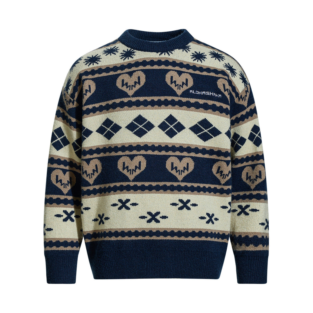 Herren Gemusterter Grobstrick-Pullover im Norwegerstil mit Rundhalsausschnitt Nord Taschen
