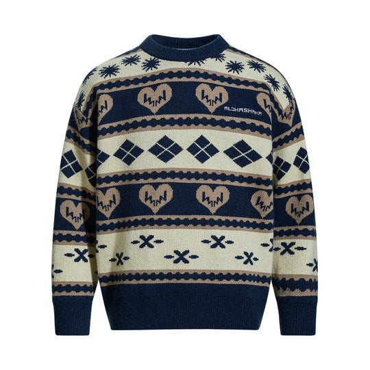 Herren Gemusterter Grobstrick-Pullover im Norwegerstil mit Rundhalsausschnitt Nord Taschen