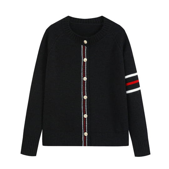 Damen Lässiger Rippstrick‑Cardigan mit Goldknöpfen und sportiven Ärmelstreifen Nord Taschen