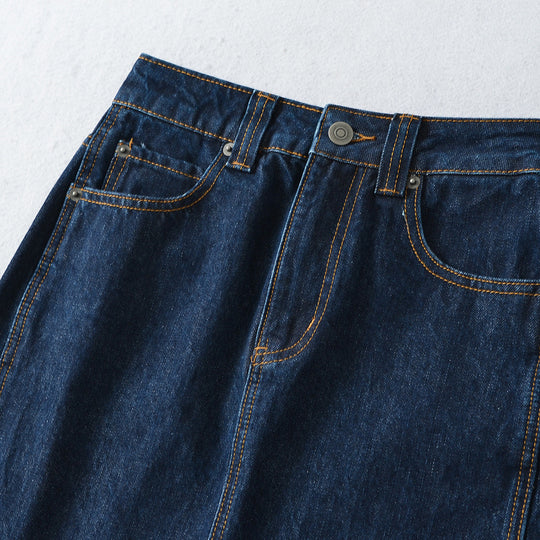 Damen Hochtaillierter Midirock aus Denim mit sichtbaren Nähten und umgeschlagener Saum Nord Taschen
