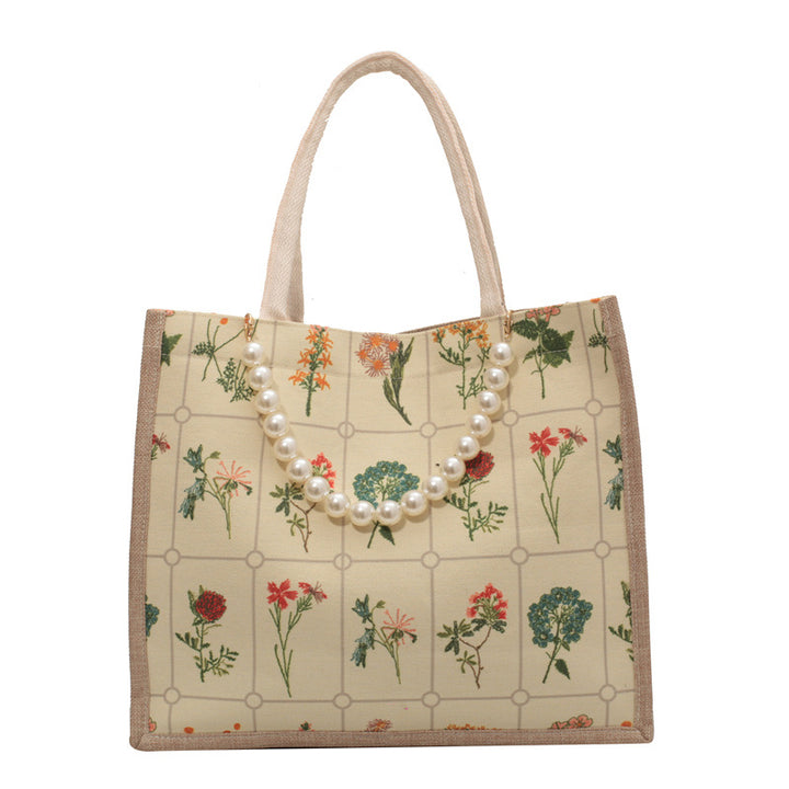 Damen Jute-Shopper Tasche mit floralem Stickmuster und stabilen Griffen Nord Taschen