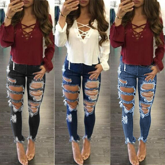 Damen Extrem zerrissene High-Waist Skinny-Jeans mit rohem Fransenbund Nord Taschen
