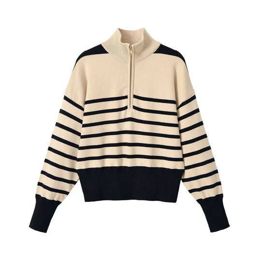 Damen Gestreifter Grobstrickpullover mit halbem Reißverschluss Nord Taschen