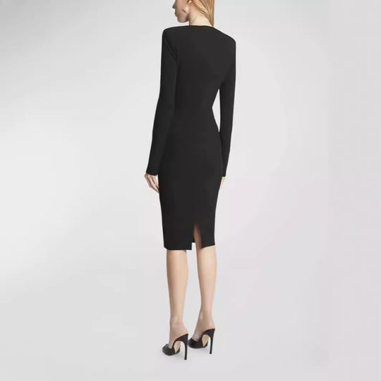 Damen Figurbetontes Midikleid mit Rundhalsausschnitt und langen Ärmeln Nord Taschen