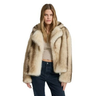 Damen Kurzboxy-Kunstpelzjacke mit voluminösem Schalkragen und Streifenoptik Nord Taschen