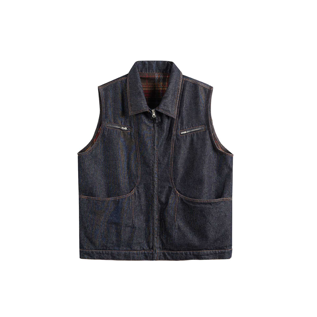 Herren Denim-Weste mit Reißverschluss, großen Pattentaschen und Karofutter Nord Taschen
