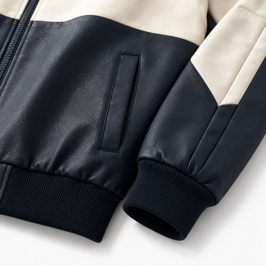 Herren Sportlicher Kapuzen‑Bomber mit Kunstlederoptik, Kontraststreifen und Reißverschluss Nord Taschen
