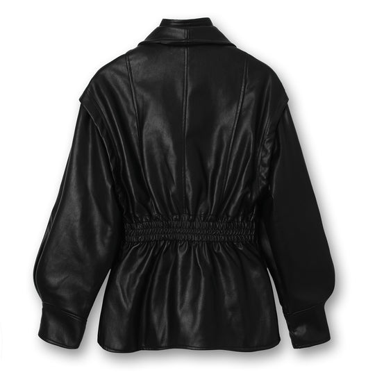 Damen Lederjacke mit weitem Schalkragen, geraffter Taillenpartie und Ballonärmeln Nord Taschen