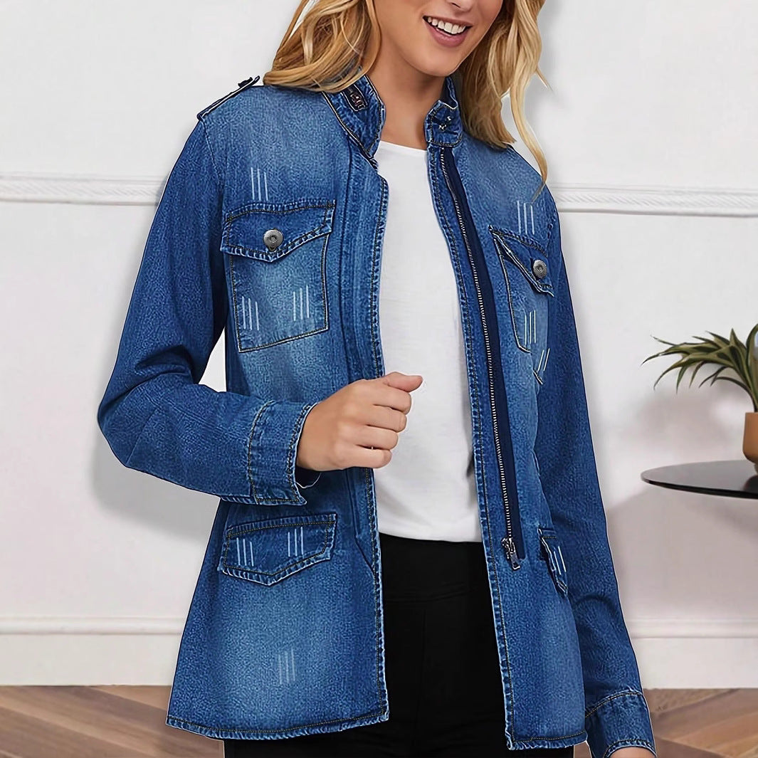 Damen taillierte Denim-Jacke im Military-Style mit Stehkragen und Pattentaschen Nord Taschen