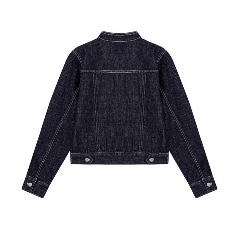 Damen Taillierte Jeansjacke mit Stehkragen, Ziernähten und Metallknopfverschluss Nord Taschen