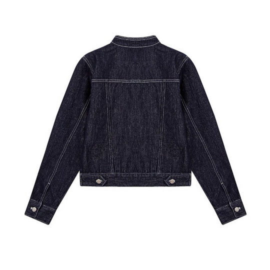 Damen Taillierte Jeansjacke mit Stehkragen, Ziernähten und Metallknopfverschluss Nord Taschen