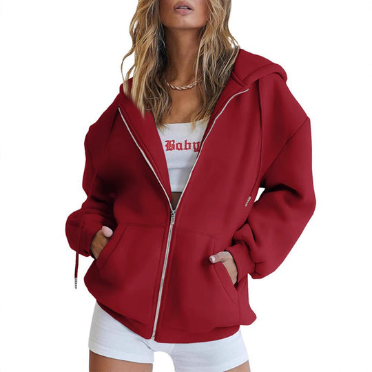 Damen Fleece-Zipjacke im Oversize-Stil mit Kapuze, Kängurutaschen und elastischem Saum Nord Taschen