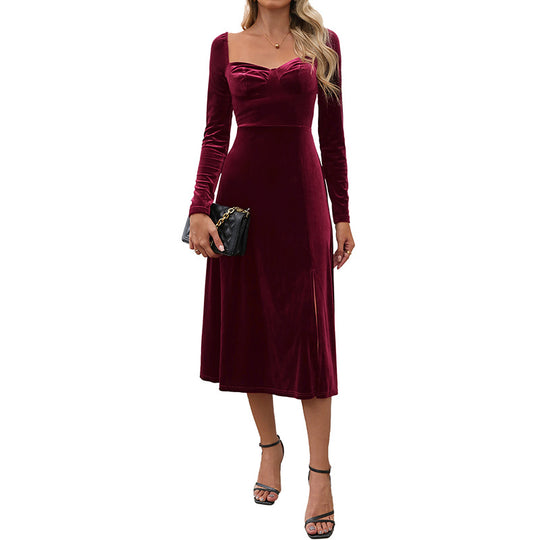 Damen Samt-Midikleid mit herzförmigem Ausschnitt, taillierter Schnitt & hohem Beinschlitz Nord Taschen