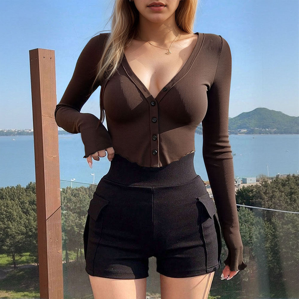 Damen kurzes geripptes Button-Cardigan mit V-Ausschnitt, Daumenlochärmeln und ausgefranstem Saum Nord Taschen