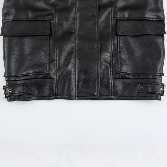 Damen Oversized Kunstlederjacke mit hohem Funnelkragen und aufgesetzten Taschen Nord Taschen