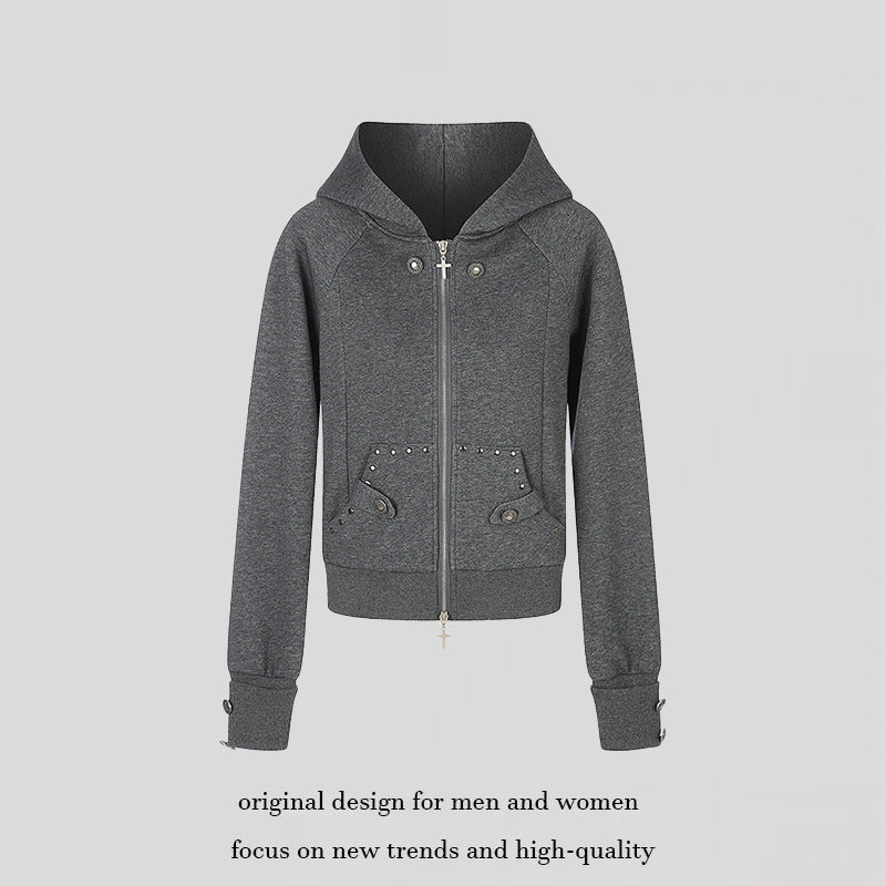 Damen taillierte Kapuzen‑Sweatjacke mit Frontreißverschluss, Nietenbesatz und Taschenapplikation Nord Taschen