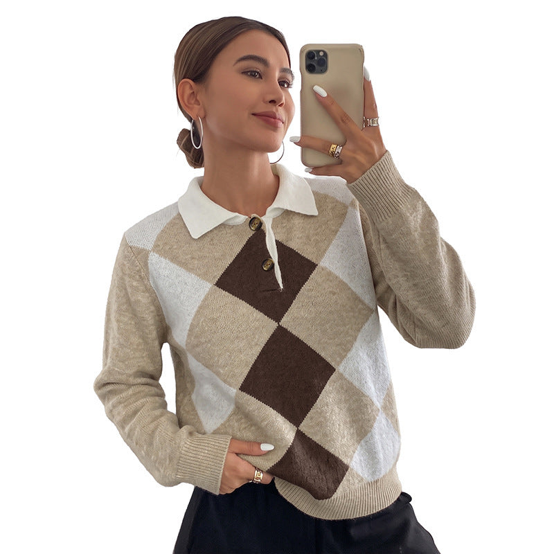 Damen Argyle-Polo-Strickpullover mit kontrastkragen und Zierknopf Nord Taschen