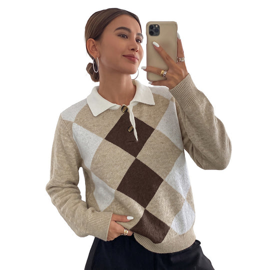 Damen Argyle-Polo-Strickpullover mit kontrastkragen und Zierknopf Nord Taschen