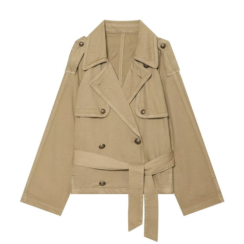 Damen Kurz geschnittene Trenchjacke mit Doppelknopfleiste, Schulterpatten und Taillengürtel Nord Taschen