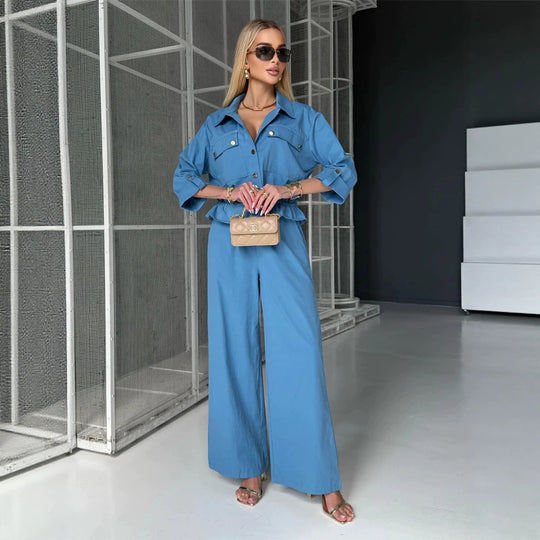 Damen Zweiteiliges Utility-Hemdjacken- und Hochbundhosen-Set mit Kordelzug und goldenen Druckknöpfen Nord Taschen
